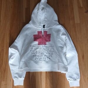 White Boxy Hevyweight Hoodie with Red Cross Graphic Size S